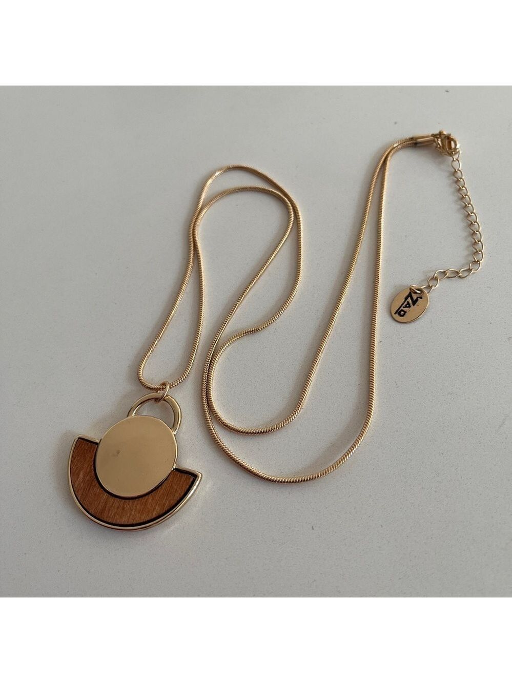 ZAD Art Deco Style Wood & Gold Tone Metal Pendant 30" Snake Chain Boho Coastal